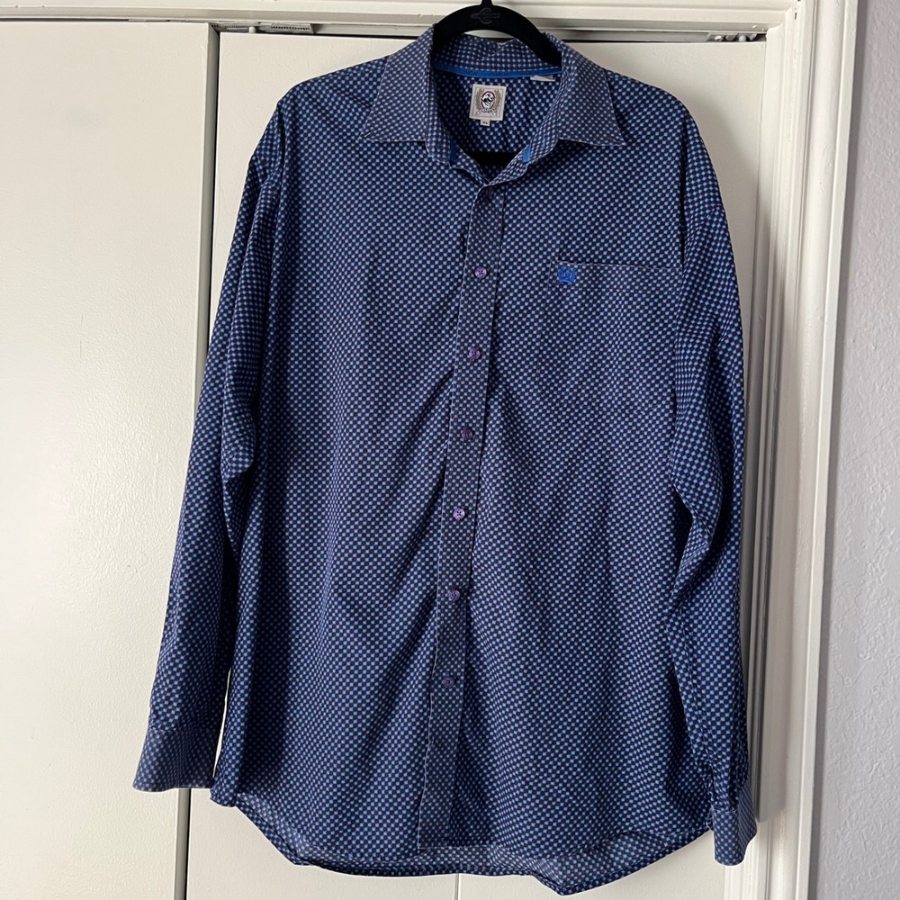 Cinch Mens XL Long Sleeve Button Down Western Shirt Blue Geometric Micro Print‎